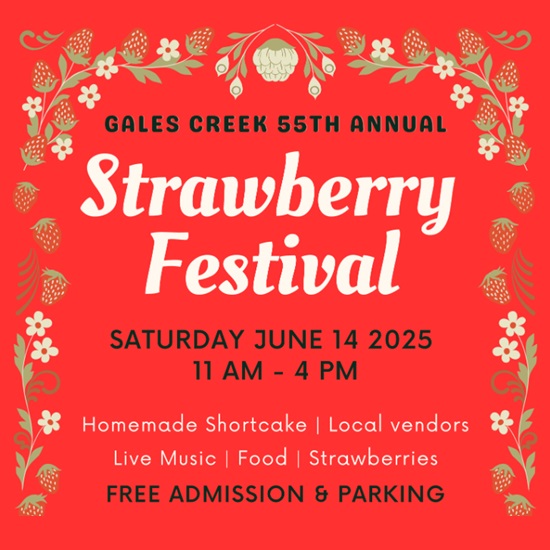 Graphic with information about the festival surrounded by illustrated strawberries