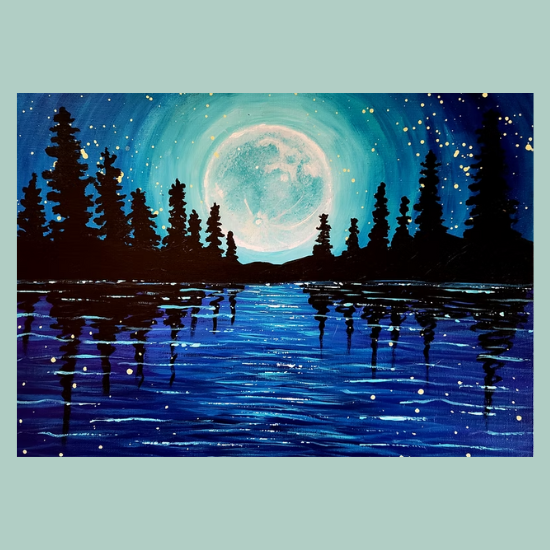 Painting of a moon and starry skies with a lake in the foreground