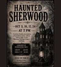 Poster with text and a haunted looking house in the background