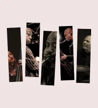 Five bars scattered across a page with five photos of people playing jazz instruments coming through them