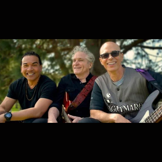 Three men with guitars and a bass against a wooded background