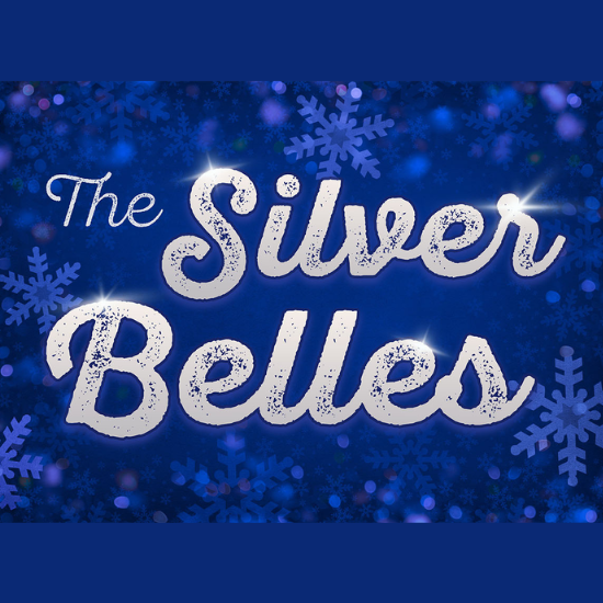 Silver text against a blue background with snowflakes