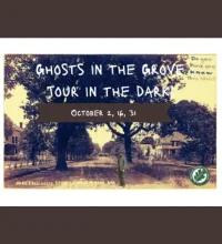 Ghosts in the Grove text over a sepia toned photo