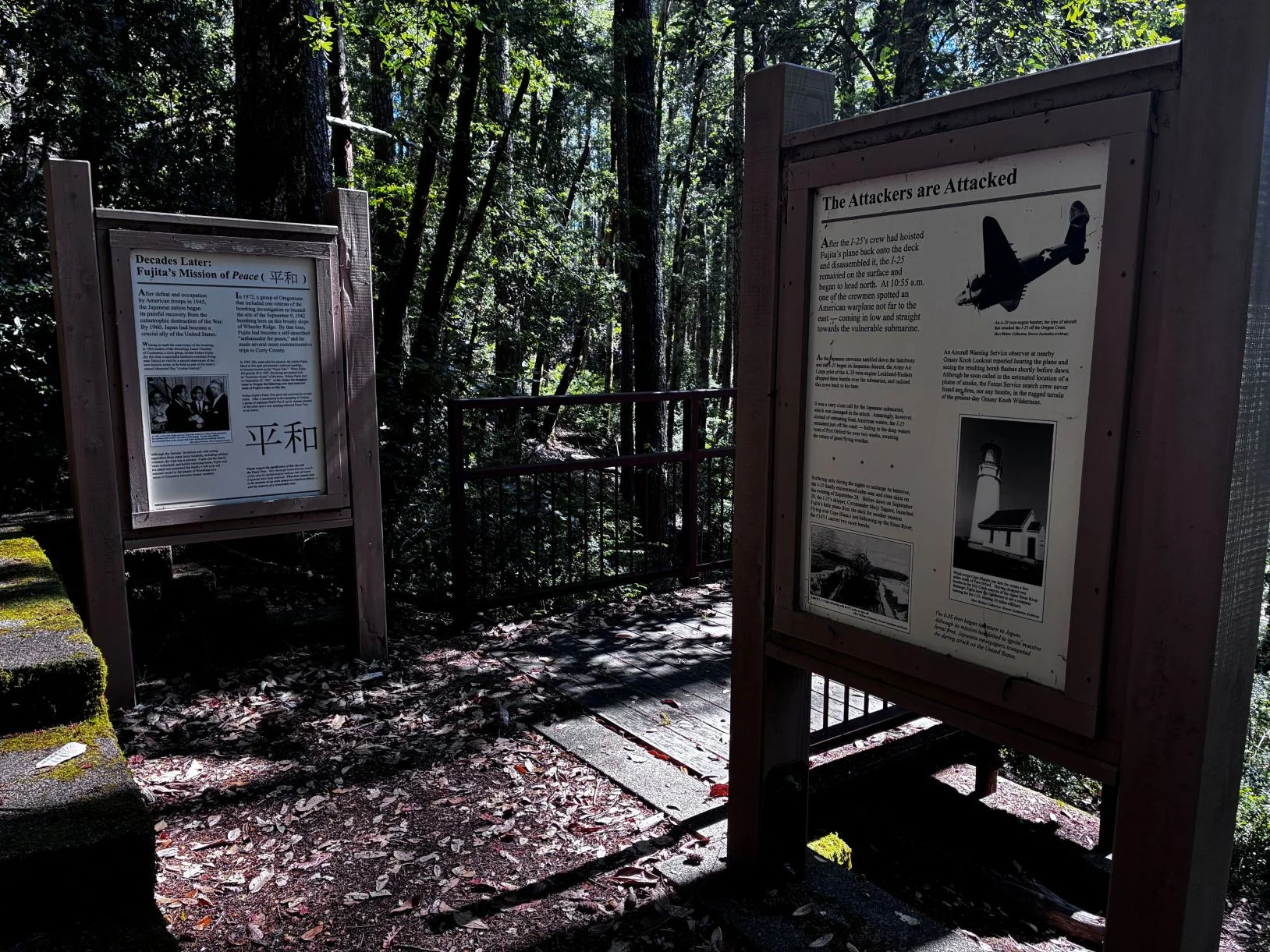 Interpretive signs in forest.
