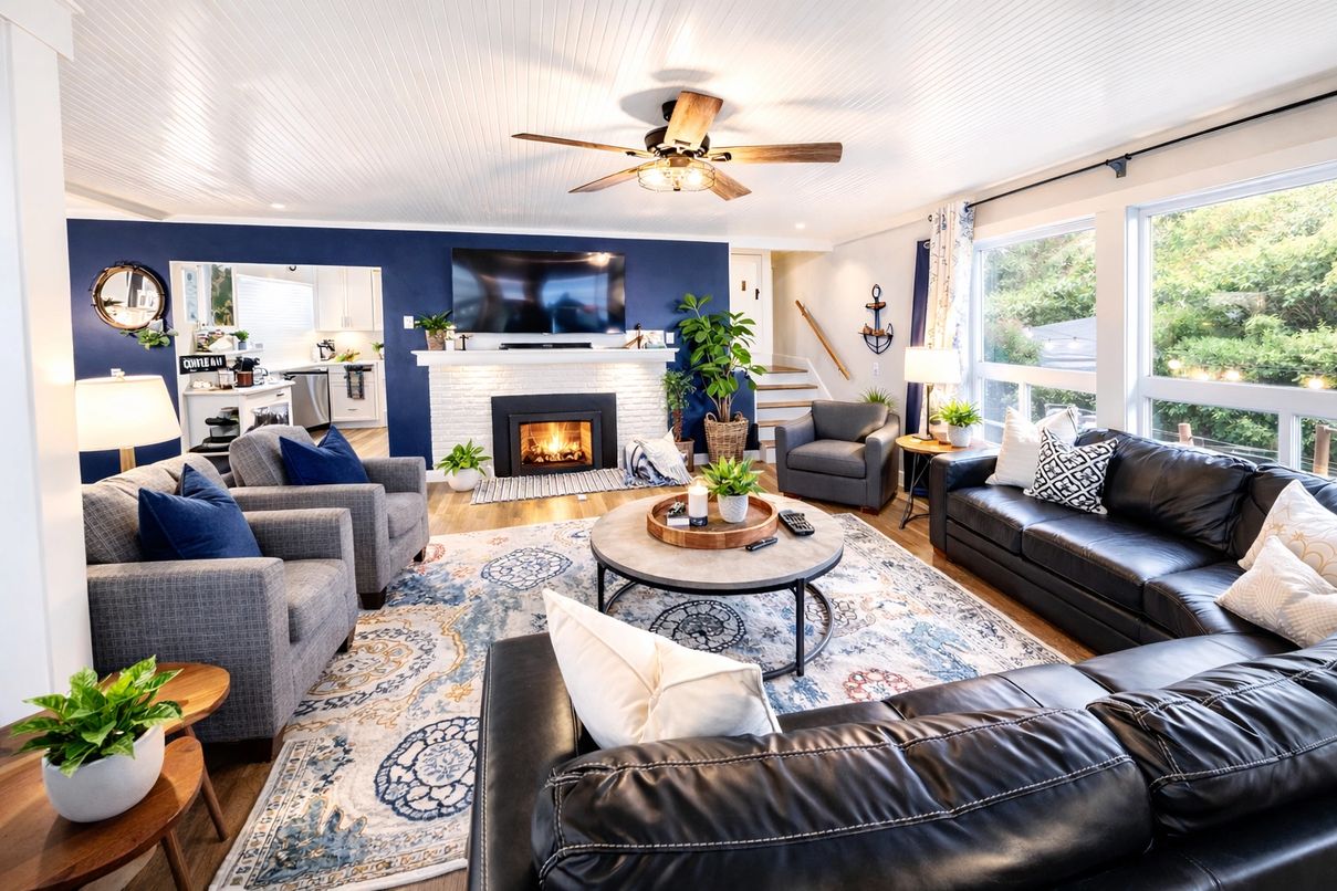 White living room with dark blue wall at fireplace, colorful pattered rug, sectional couch and multiple chairs with view to kitchen and staircase.