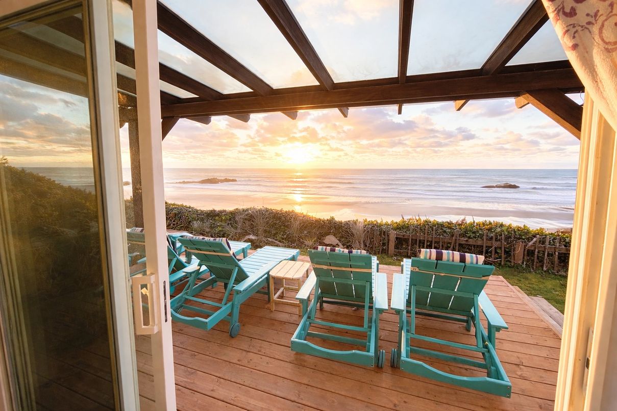 View through a sliding glass door of a deck with multiple lounge chairs overlooking a beautiful sunset over the ocean.