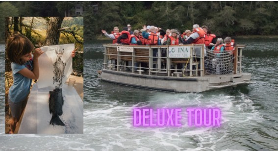 A pontoon boat filled with passengers in life jacket cruising the water with an inset photo of an artist making a Gyotaku print of a fish.