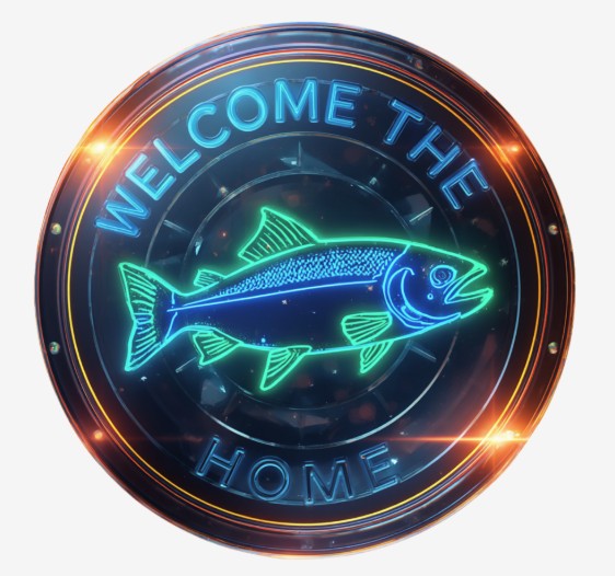 Round sign with neon letters spelling out WELCOME THE SALMON HOME with a neon green and blue salmon in place of the word salmon.