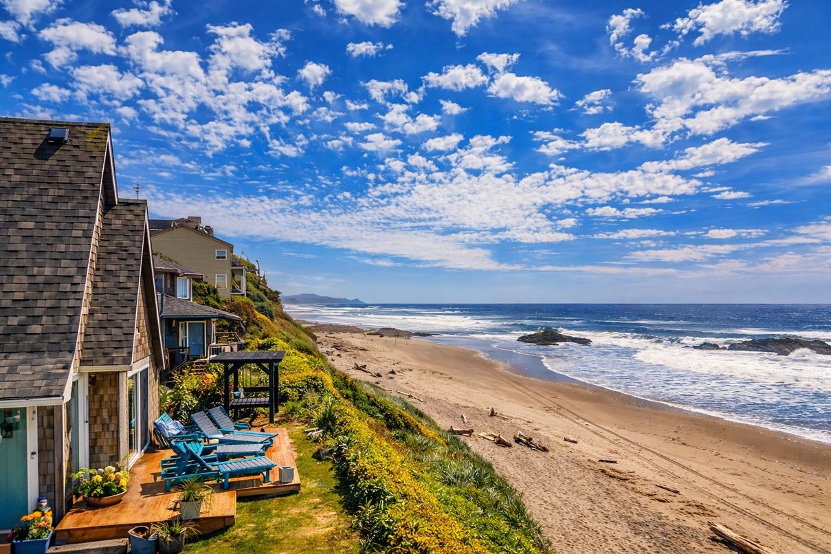 View of backs of homes bordering the beach with blue skies and small clouds.