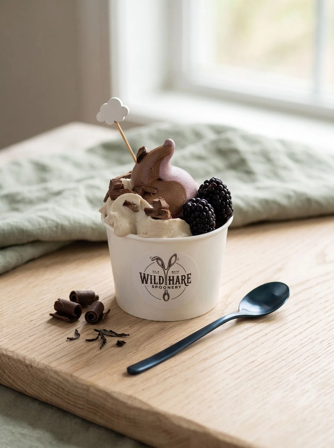 A paper cup of various flavors of soft serve and blackberries.