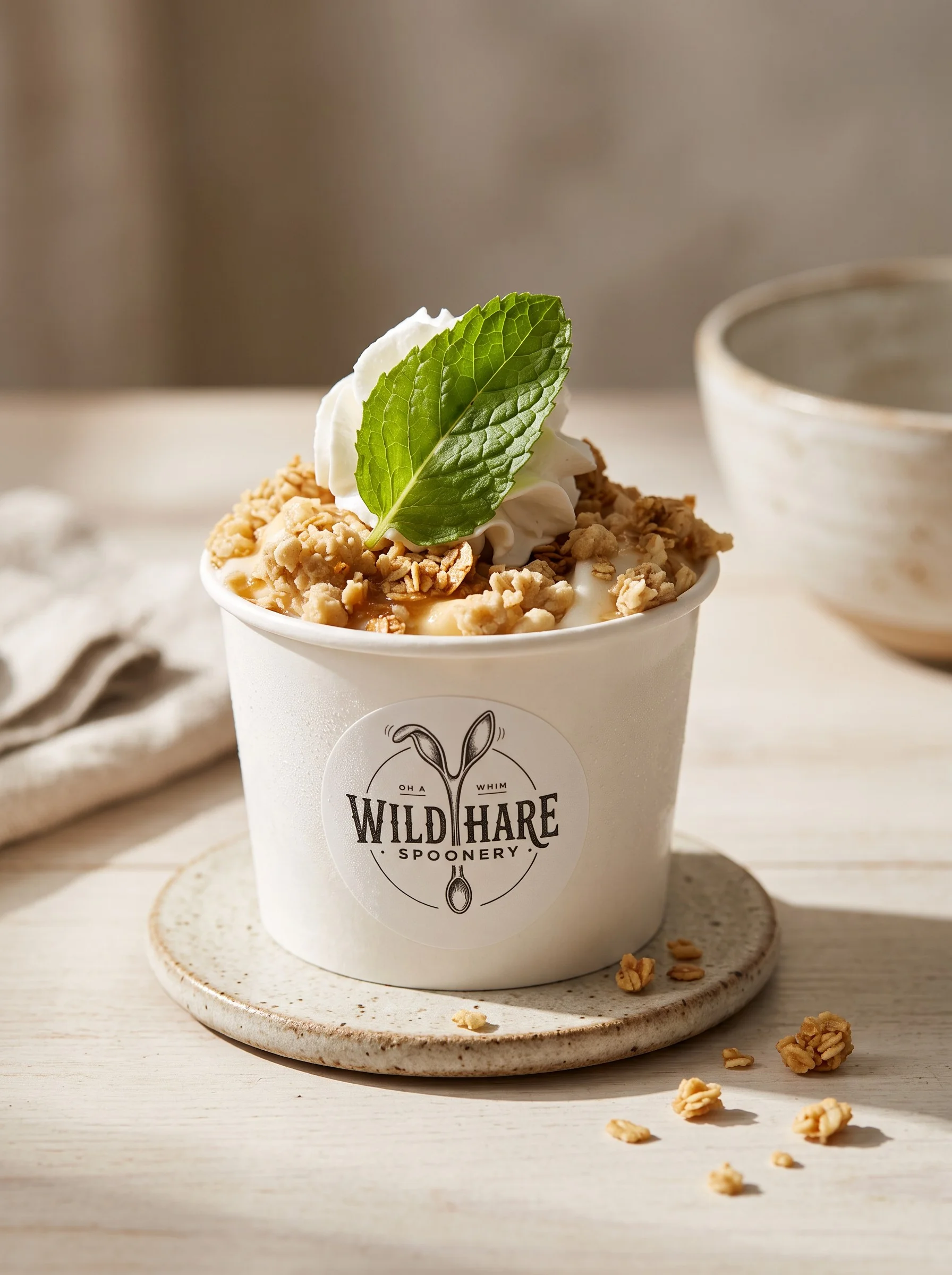 Paper cup of soft serve ice cream with crumble topping and mint leaf.