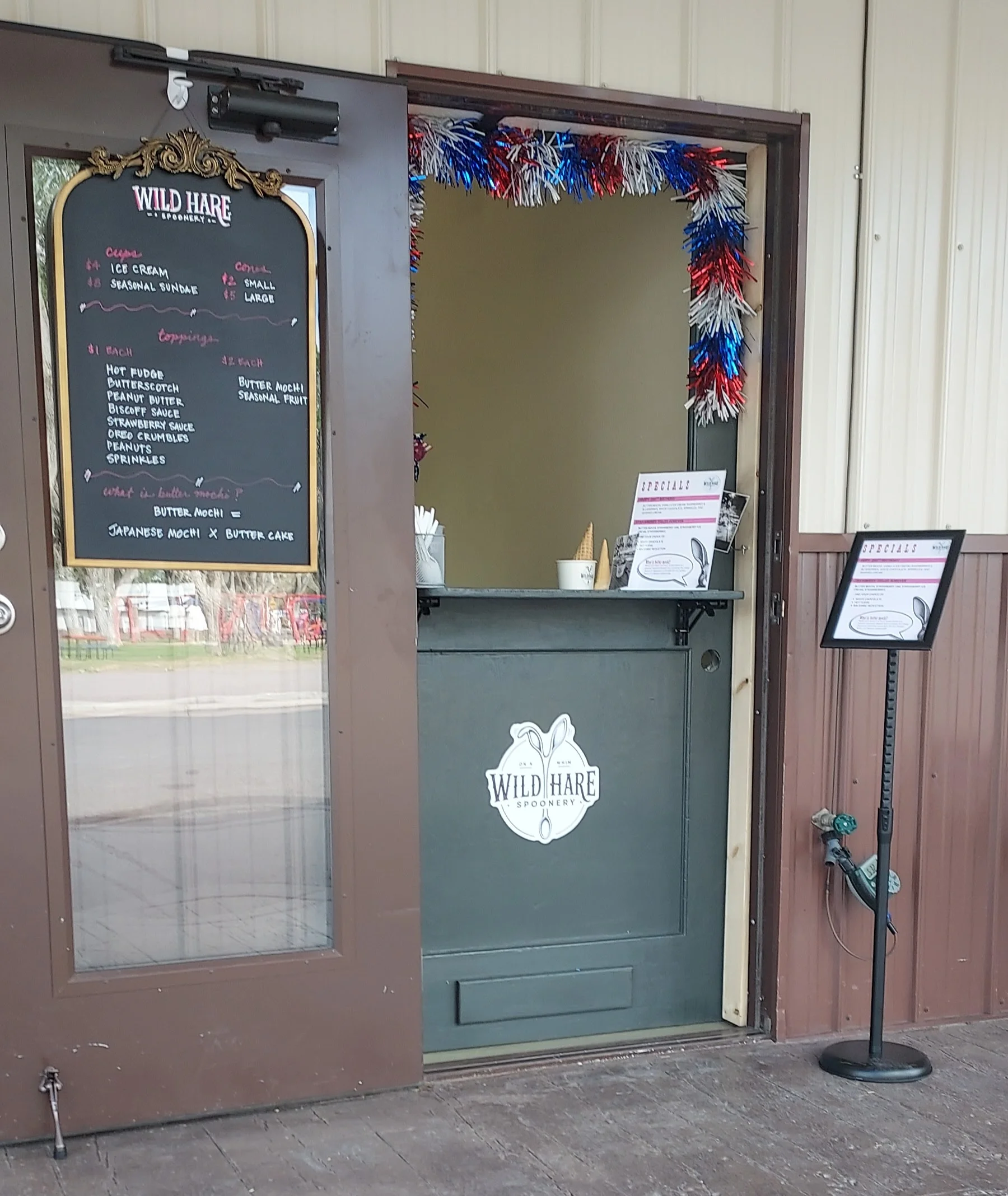 Service window for walk up soft serve ice cream.