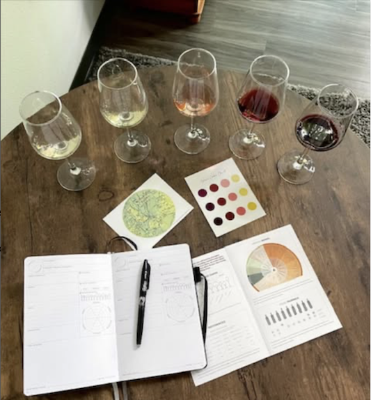 a table with 5 wine glasses with different colored wines, a tasting guide, notebook and pen