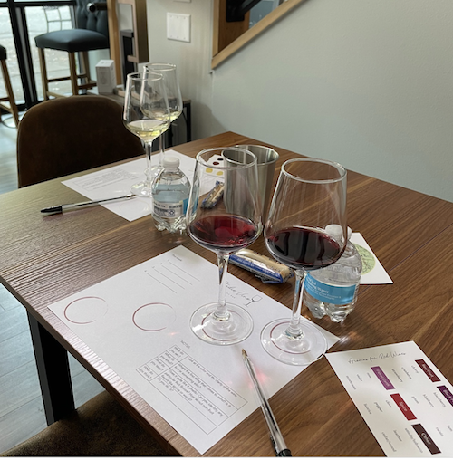 table holding wine glasses with various wines, water cup and bottle, tasting note page and guide