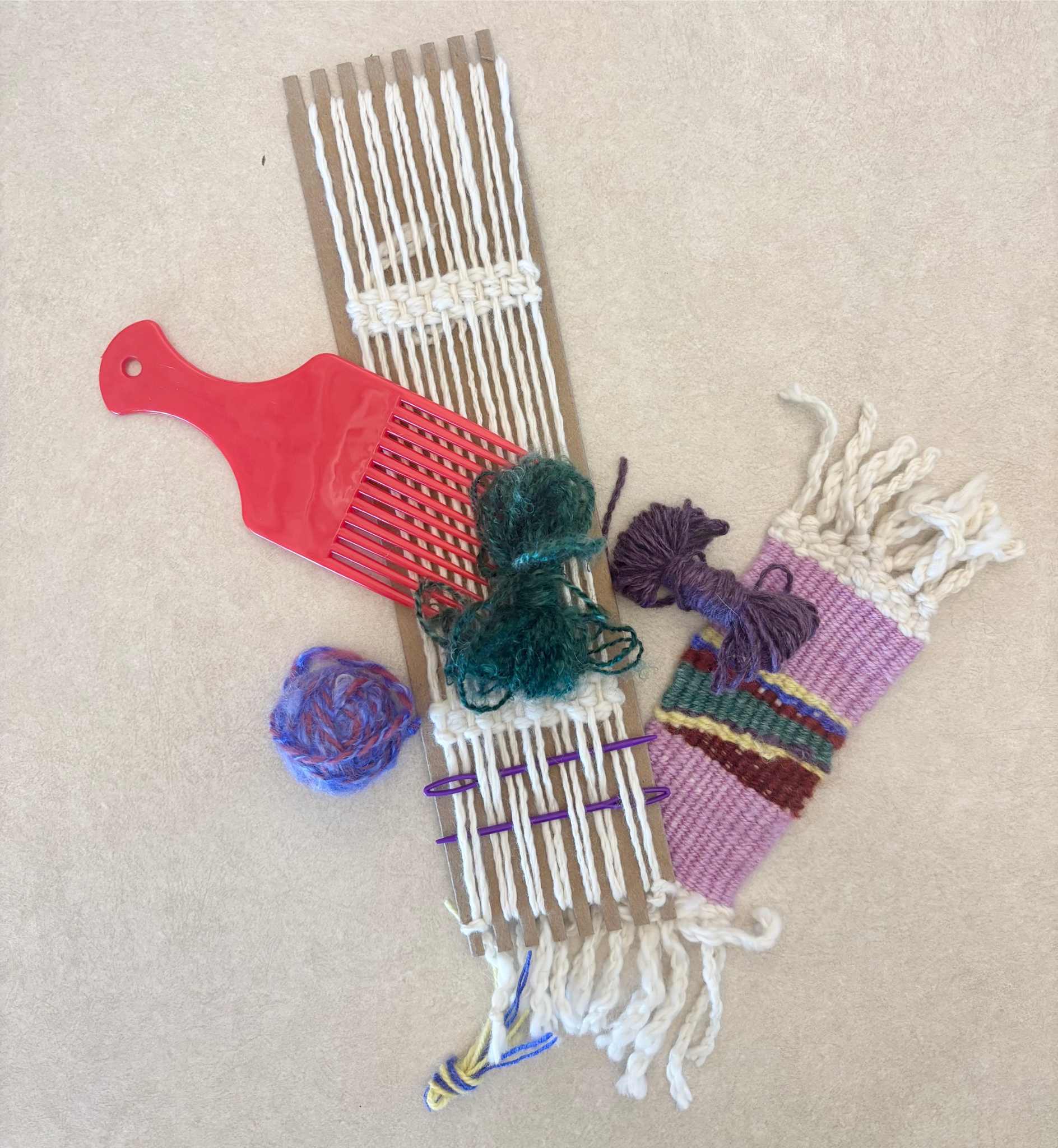 Small hand tools for weaving wool.