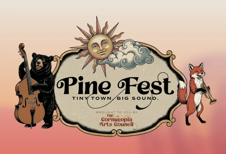 Pine Fest logo depicting a bear and fox playing musical instruments.
