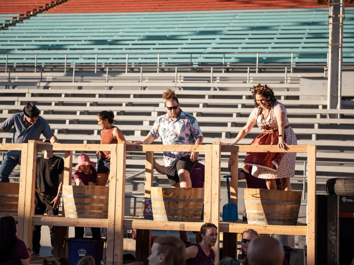 People use their feet to smash hops in a barrel for Oktoberfest in Pendleton