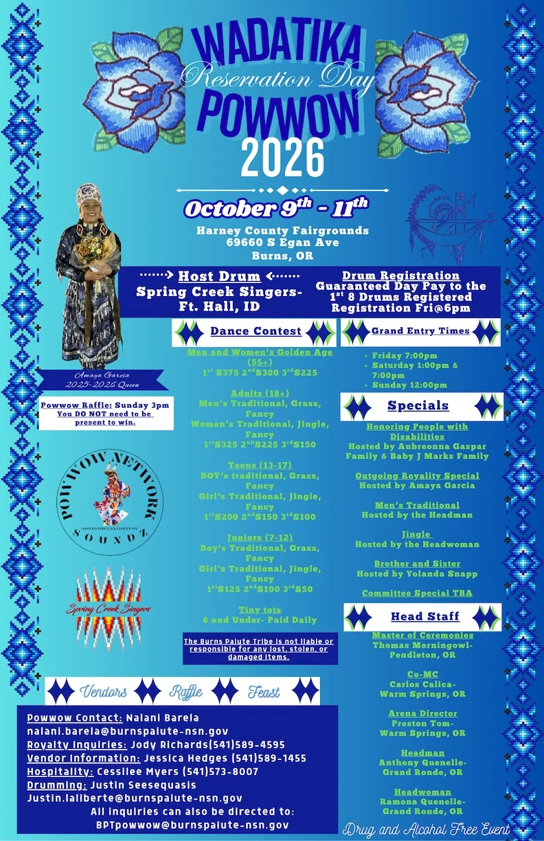Flyer for the Wadatika Reservation Day PowWow happening October 9th-11th, 2026 in Burns, OR.