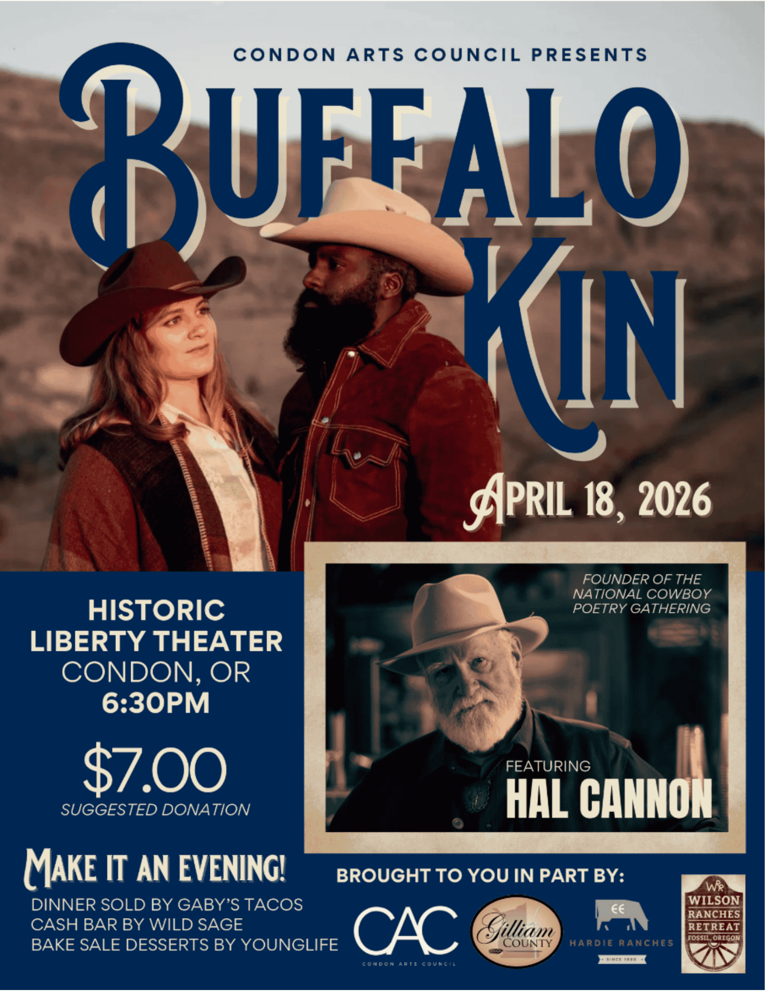 Two photos. One depits two people in cowboy hats with the text "Buffalo Kin", the other is a man wearing a hat with the text "Hal Cannon"